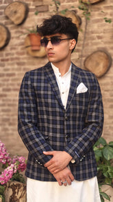 Men's blue gray check wool casual coat